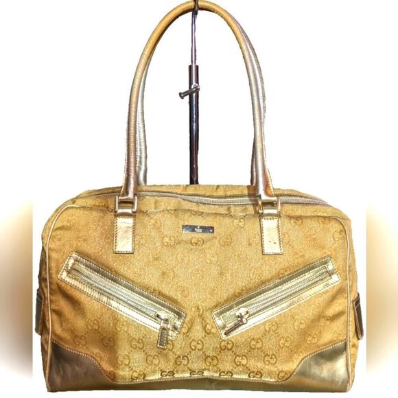 Gucci Logo Gold‎ Metallic Canvas Handbag 002 1115 - Picture 1 of 16